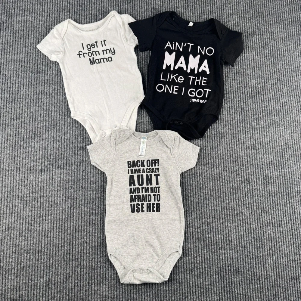 Lot of 3 Funny Graphic Baby Bodysuits Mama Aunt Slogan Black White Grey 6-9M 588